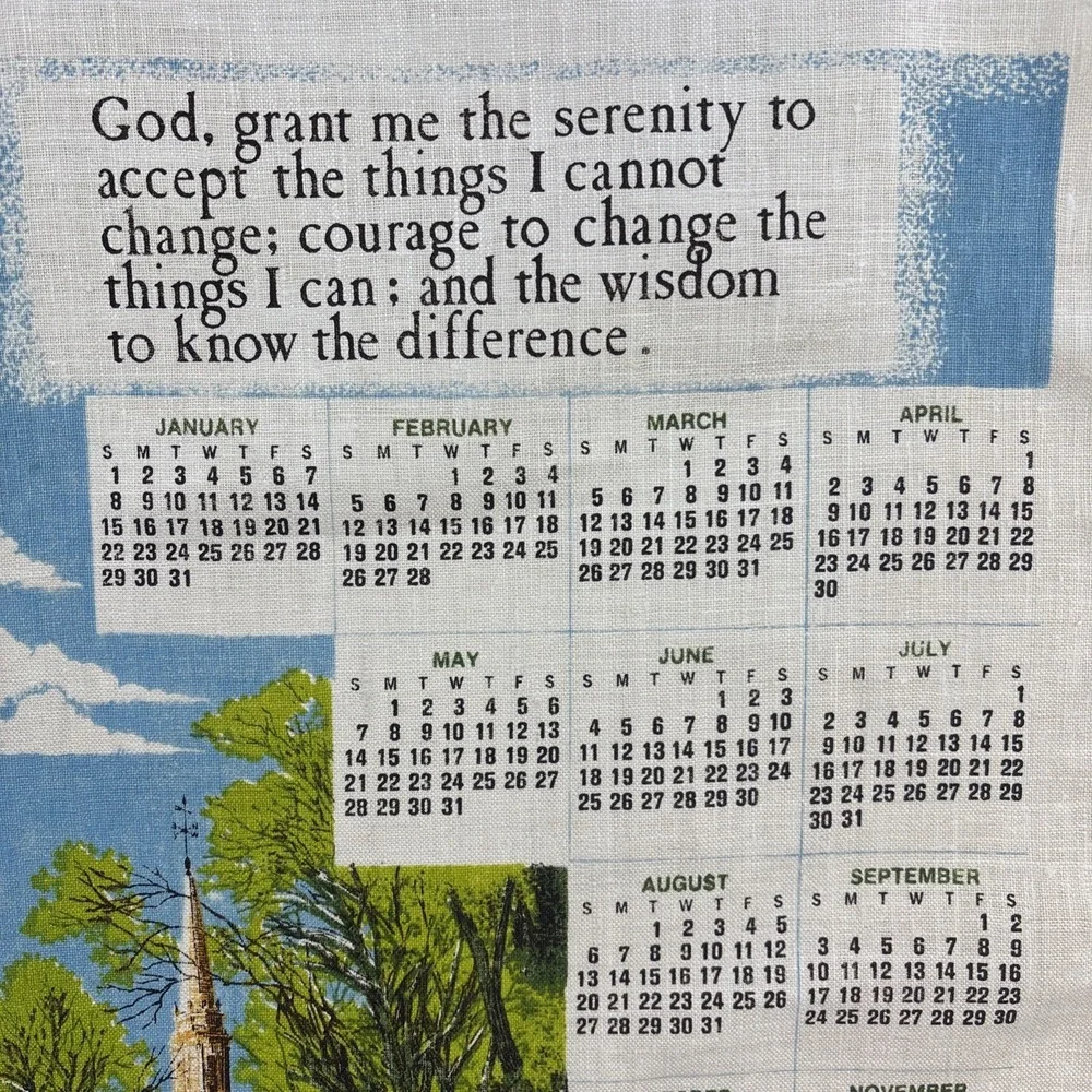 Vintage 1978 Kitchen Tea Towel Hanging Calendar God Grant Me Church Trees Flower